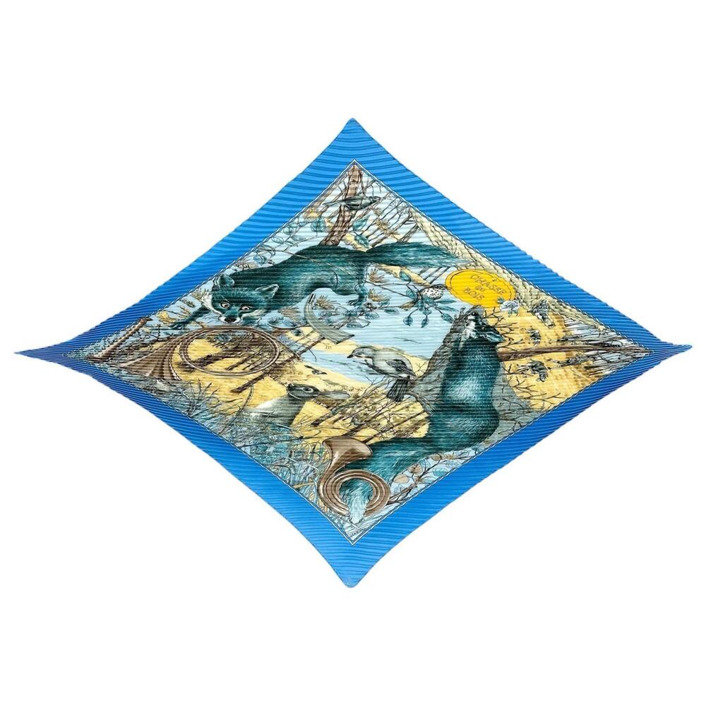 HERMES CHASSE au BOIS (Forest Hunt) Pleated Scarf, Silk, Blue/Yellow, Women's